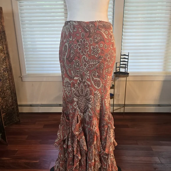 100% Silk Y2K Ruffled Paisley Floral Maxi Skirt Pink Cream Womens Size 14 - Picture 7 of 11